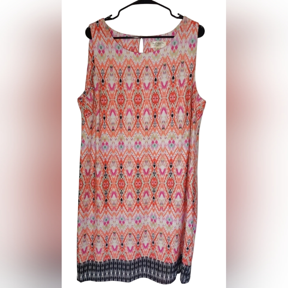 Soho Apparel Ltd Coral Multicolor Tribal Print Sleeveless Midi Shift Dress 1X